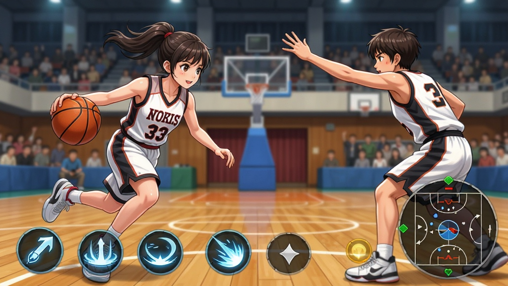 篮球少女:飞跃巅峰比赛对战场景的生图,画面呈现手机横屏游戏视角,左侧为玩家操控的篮球少女正在运球突破,右侧为防守球员拦截动作,画面下方显示技能按钮与战术轮盘,背景为室内篮球场木地板与观众席,整体风格为热血运动动漫,动态感强,画质清晰干净,无杂乱元素