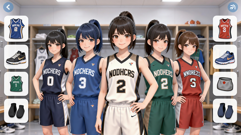 篮球少女:飞跃巅峰球队定制界面展示图,画面中展示多位篮球少女身穿不同配色球衣的站姿队列,背景为更衣室场景,界面两侧排列着球衣、球鞋与配饰的选项图标,整体风格为清新明亮的日系手游界面,画质细腻干净,无多余装饰