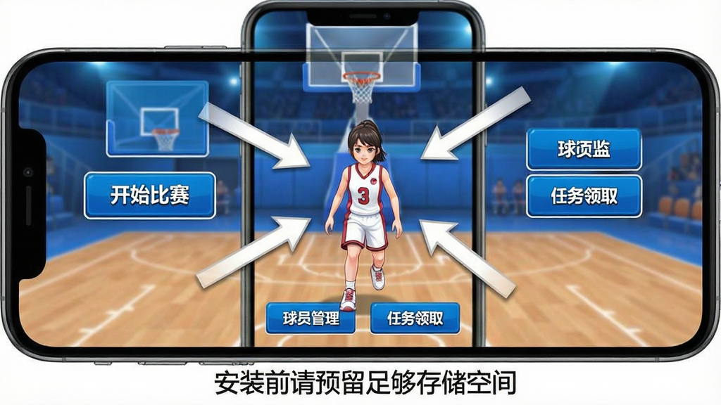 篮球少女:飞跃巅峰新手操作指引示意图,画面为手机屏幕截图风格,展示游戏主界面布局,用箭头标注“开始比赛”“球员管理”“任务领取”等按钮位置,底部附有文字说明“安装前请预留足够存储空间”,整体风格简洁清晰,蓝白配色,画质干净,无多余装饰