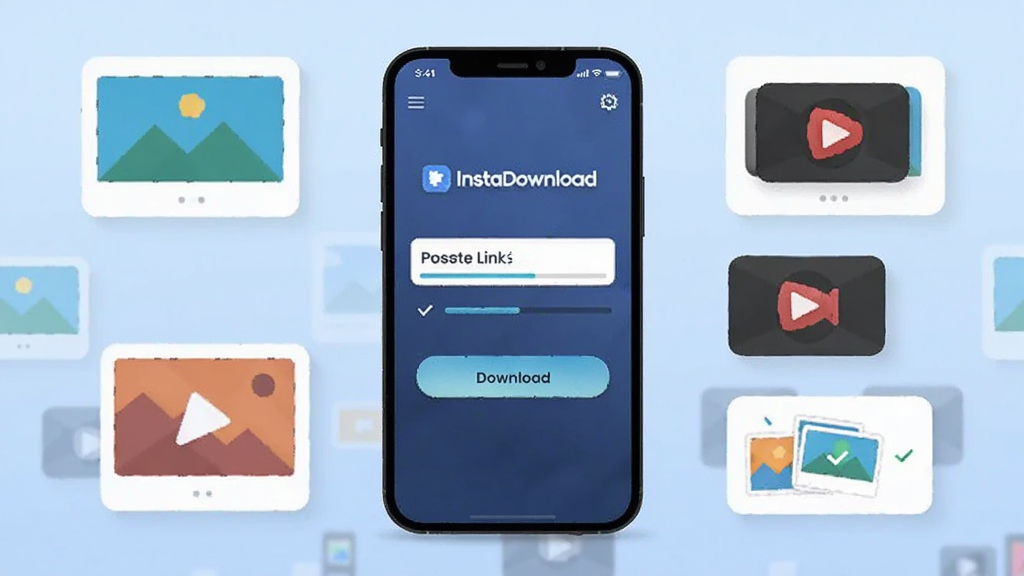 画面中央放置一部智能手机,手机屏幕显示 InstaDownload 软件主界面,界面中有粘贴链接的输入框和下载按钮,手机周围环绕若干图片与视频缩略图图标,布局采用居中对称构图,风格为清爽科技感扁平插画,细节包含下载进度条、相册图标和解析完成的勾选标记,背景为浅蓝渐变,画质清晰干净,无多余元素