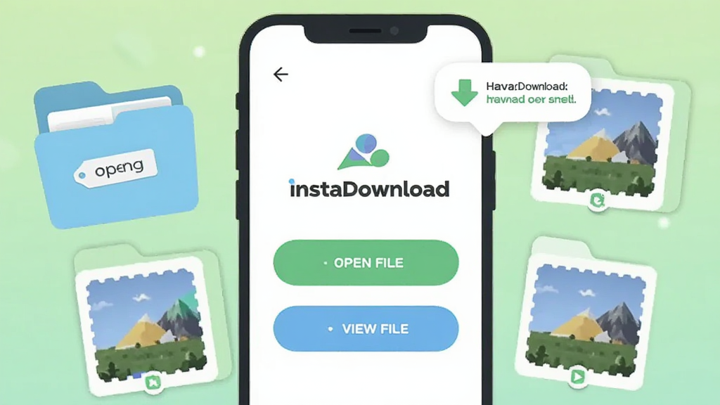 画面中央为一部手机,屏幕显示 InstaDownload 下载完成页面,页面中有打开相册和查看文件的按钮,手机旁边漂浮着相册文件夹图标与已下载的图片缩略图,布局为左右平衡构图,风格为柔和圆角扁平插画,细节包含文件夹标签和保存成功的提示气泡,背景为淡绿色渐变,画质清晰干净,无多余元素