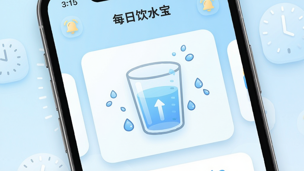 画面主体为一部智能手机,屏幕显示“每日饮水宝”应用界面,界面中央是一个透明水杯图标,杯中水位随记录上升,周围环绕水滴动画效果;背景为浅蓝色渐变,点缀着时间刻度与提醒铃铛图标;整体风格清新简约,细节包括圆角卡片、柔和阴影、淡雅配色;画质清晰,画面干净,无多余元素