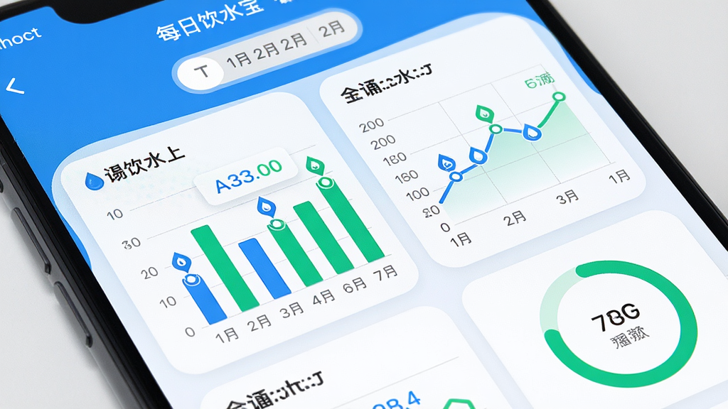 画面主体为手机屏幕展示“每日饮水宝”的统计页面,页面中包含柱状图、折线图和环形进度条,图表颜色以蓝色和绿色为主,数据标签清晰;布局上图表占据屏幕主要区域,顶部有日期切换栏;风格为数据可视化仪表盘,细节包括圆角图表容器、淡灰色网格线、水滴形数据点;画质清晰,画面干净