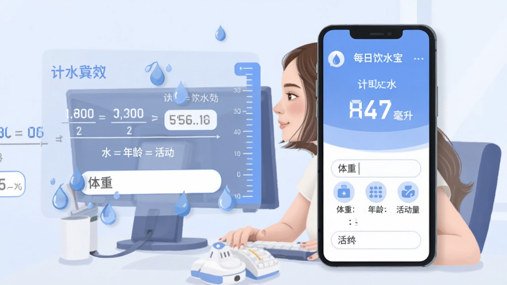 画面主体为一位年轻女性坐在办公桌前,手机屏幕显示“每日饮水宝”的计算结果页面,页面中央有醒目的数字与毫升单位,下方是体重、年龄、活动量等输入项图标;布局上手机位于画面右侧,左侧用半透明信息图展示计算公式与水滴元素;风格为扁平化插画,细节包括柔和的蓝色调、圆角输入框、刻度尺图形;画质干净,无杂乱元素