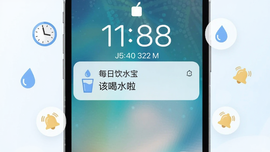 画面主体为手机锁屏界面弹出“每日饮水宝”的喝水提醒通知,通知卡片上带有水杯图标和“该喝水啦”字样;布局上手机居中,周围漂浮着时钟、水滴、铃铛等小图标;风格为现代扁平化设计,细节包括柔和的蓝白配色、圆角通知卡片、清晰的时间显示;画质干净,无多余装饰