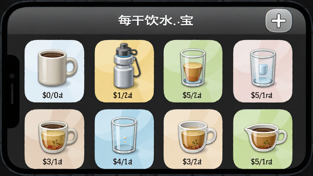 画面主体为手机屏幕展示“每日饮水宝”的杯型设置界面,界面上排列着马克杯、运动水壶、玻璃杯、小茶杯等不同杯型图标,每个图标下方标注容量数值;布局为网格状排列,顶部有添加按钮;风格为拟物化图标设计,细节包括杯子的高光与阴影、圆角矩形背景;画质干净,无杂乱背景