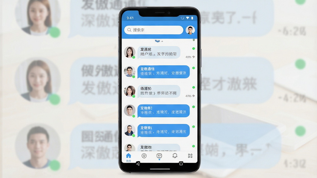 一张手机界面展示图,画面主体是一部竖屏安卓手机,屏幕中央显示即时通信软件发傲通信的聊天列表页面,顶部有搜索栏与头像区域,下方排列多个联系人对话条目,界面采用浅色背景搭配蓝色主色调,布局整洁对称,风格为现代扁平化UI设计,细节包含圆角消息气泡、在线状态小圆点与底部导航栏图标,画质清晰干净,无多余装饰元素。