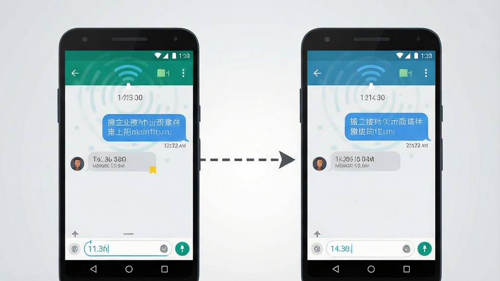 一张即时通信消息传递场景图,画面主体为两部并排的安卓手机,左侧手机显示发傲通信聊天输入界面,右侧手机显示接收到的消息气泡,两机之间用一条带箭头的虚线连接表示消息传输,背景为浅灰渐变,布局左右对称,风格为科技感扁平插画,细节包含信号波纹图标与时间戳文字,画质清晰干净,无多余元素。