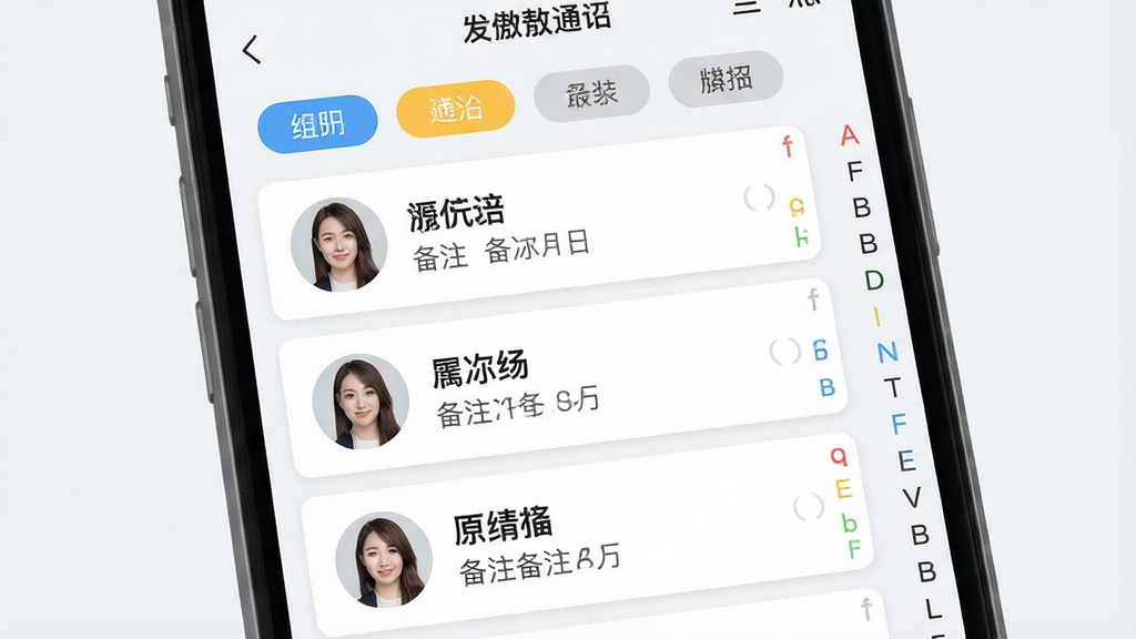 一张联系人管理界面示意图,画面主体为手机屏幕特写,屏幕内展示发傲通信通讯录页面,顶部为分组标签栏,下方为联系人卡片列表,每张卡片含头像、昵称与备注文字,布局纵向排列整齐,风格为清爽浅色UI设计,细节包含分组彩色标签与右侧字母索引条,画质清晰干净,无杂乱装饰。