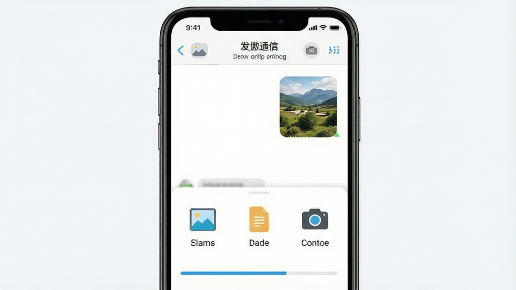 一张文件分享操作示意图,画面主体为手机屏幕,屏幕内展示发傲通信聊天窗口,底部弹出文件选择面板,面板中包含图片、文档、相机等图标选项,上方聊天区显示已发送的图片缩略图,布局上下分层清晰,风格为简洁扁平化设计,细节包含文件类型图标与发送进度条,画质干净清晰,无多余装饰。