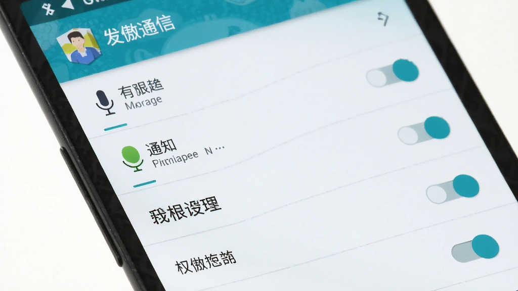 一张手机应用权限设置示意图,画面主体为安卓手机设置界面特写,屏幕显示发傲通信的应用权限管理页面,包含存储、通知、麦克风等权限开关条目,布局纵向列表排列,风格为系统原生设置UI,细节包含权限图标与开关状态颜色区分,画质清晰干净,无多余元素。