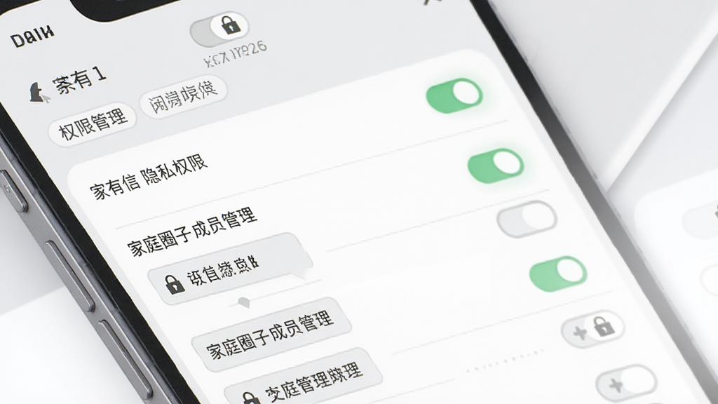 一张展示“家有信”隐私权限设置界面的示意图,画面为手机屏幕显示权限管理列表与家庭圈子成员管理选项,背景采用浅灰与白色分层,风格简洁商务,布局规整,细节包含开关按钮与锁形图标,画质清晰干净,无多余元素
