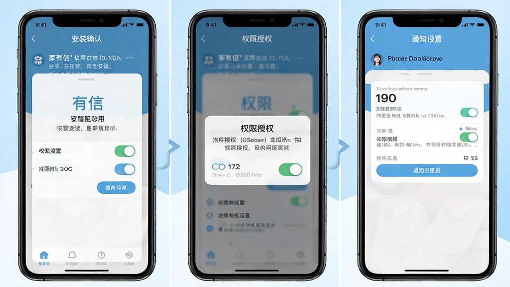 一张展示“家有信”应用安装与权限设置流程的示意图,画面为手机屏幕分步展示安装确认、权限授权弹窗与通知设置界面,背景为浅蓝与白色,风格清新简洁,布局为三格分步排版,细节包含权限开关与提示文字,画质清晰干净,无多余元素