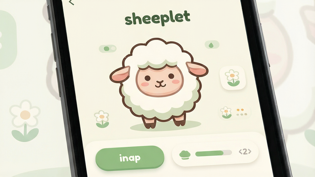 һ���ֻ�Ӧ�ý���չʾͼ������������sheeplet�����������棬����ΪһֻԲ��ɰ��Ŀ�ͨС�����󣬲��ֲ������½ṹ���Ϸ���ʾ�������ơ�sheeplet�����·�Ϊ������ť��״̬�����Ű������������Ϊ���±�ƽ���廭�磬ϸ�ڰ�����͵���ɫ���װ�ɫ����Բ�ǿ�Ƭ����ͨͼ�꣬���ʸ��壬����ɾ����޶���Ԫ��