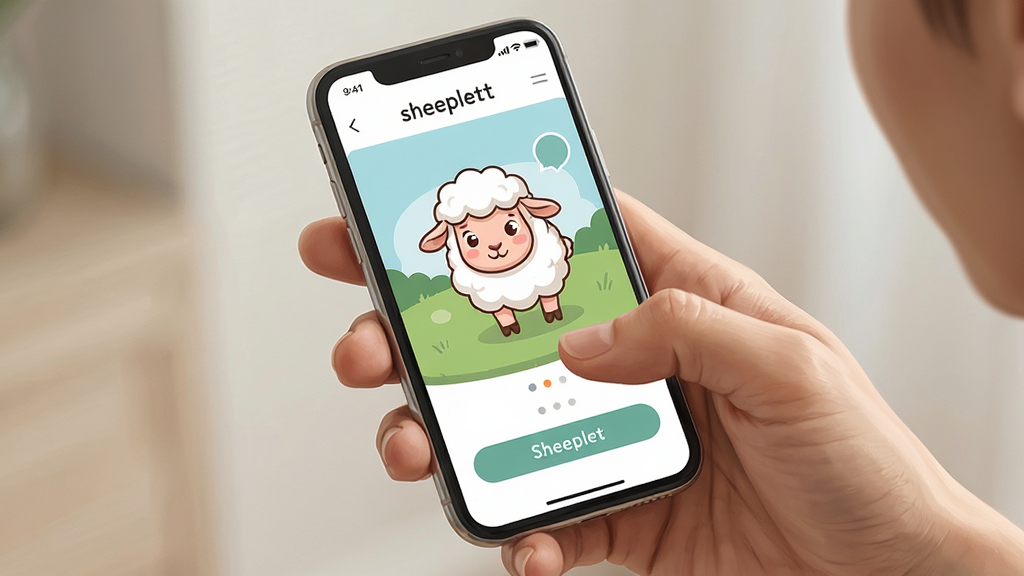 һ��sheepletʹ�ó���ʾ��ͼ����������Ϊ�ֳ��ֻ��鿴sheepletӦ�ý��棬����Ϊ�����ֲ���д���У���Ļ����ʾ��ͨС�򻥶����棬�Ű���Ȼ�����Ϊ���дʵ�廭�磬ϸ�ڰ�����͹��ߡ��ֻ��߿򡢽��水ť�����ɼ������ʸ��壬����ɾ����޶���Ԫ��