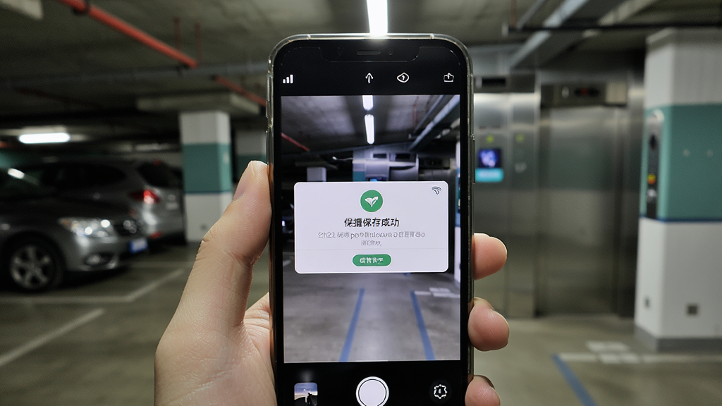 一部手机在无网络信号的环境下正常使用U视界应用的场景,画面主体是手持手机的特写,屏幕显示拍摄完成后的保存提示,背景为地下停车场或电梯间环境,风格写实摄影感,细节包括手机状态栏的无信号图标和屏幕上的保存成功提示,画质清晰干净无多余元素