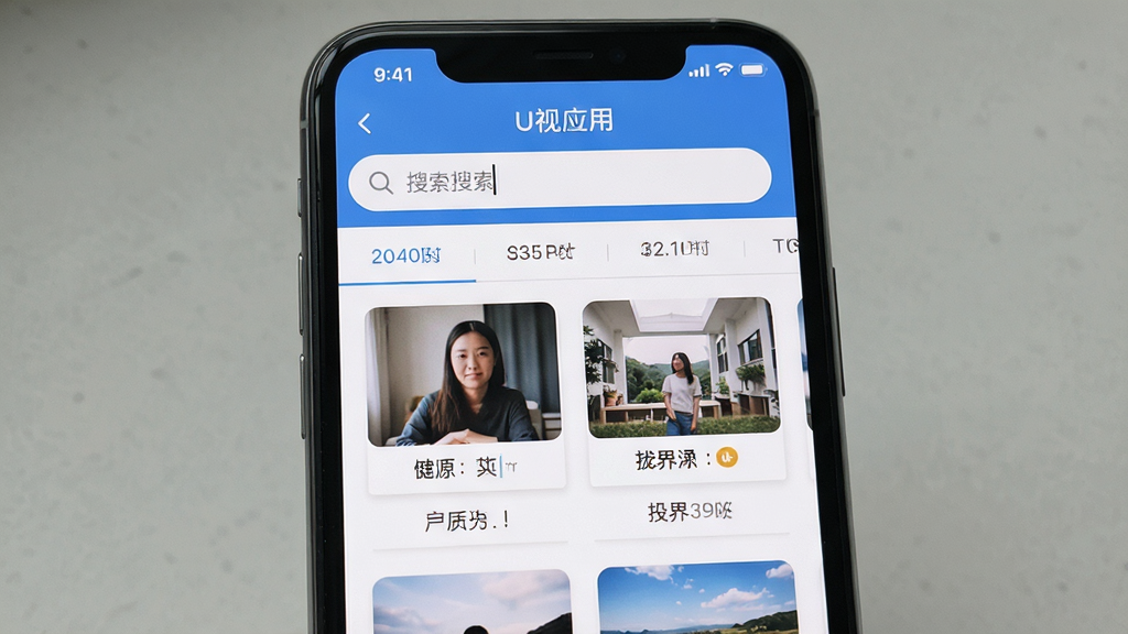 U视界应用内的搜索界面展示,画面主体是一部手机屏幕特写,屏幕上显示搜索框和按时间排列的图片记录列表,每张图片下方带有简短的文字标签,布局为居中对称构图,风格简洁扁平化,细节包括搜索框内的光标和列表卡片之间的细分割线,画质清晰干净无多余元素
