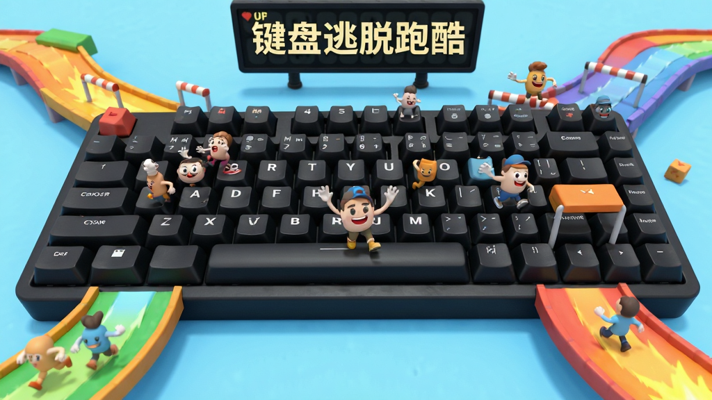 画面主体为一个巨大的黑色机械键盘,键盘上的多个按键拟人化长出小手小脚正在赛道上奔跑逃脱,布局为中央键盘向四周延伸出彩色跑酷赛道,排版采用俯视透视角度,风格为3D卡通渲染明亮活泼,细节包括按键表情丰富、赛道上有障碍物和加速带、背景有计分板,画质高清干净无多余元素,图片中打文字“键盘逃脱跑酷”
