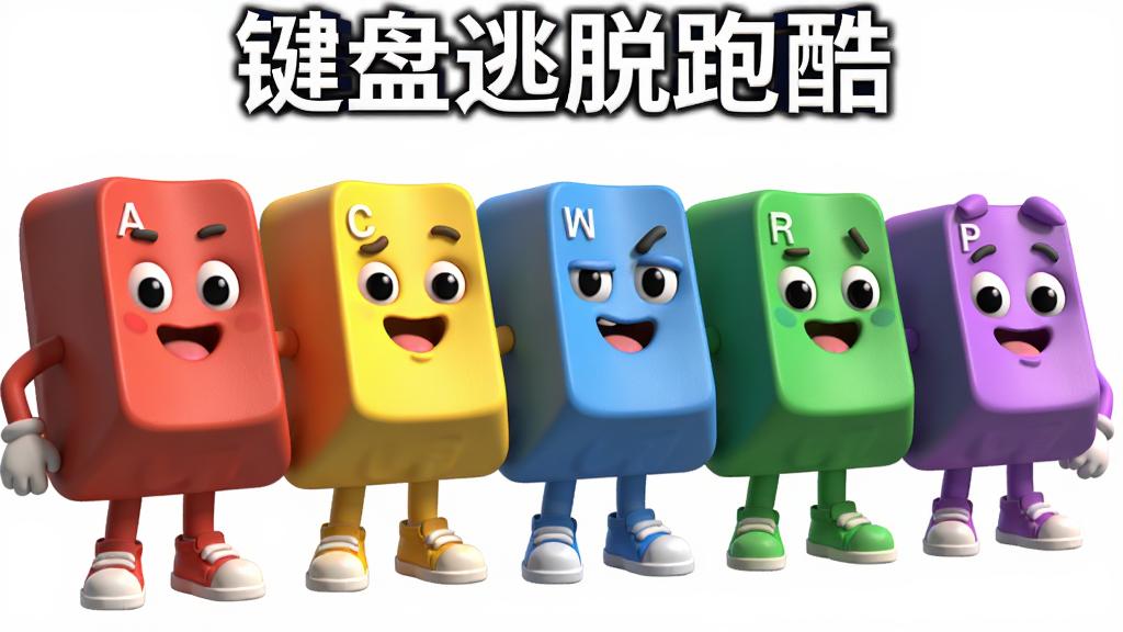 画面主体为五个拟人化的键盘按键角色并排站立,分别呈现红黄蓝绿紫不同颜色,布局为横向一字排开位于画面中央,排版简洁突出角色,风格为Q版卡通3D,细节包括按键上带有字母标识、表情各异、有手有脚穿小鞋子,画质高清干净无多余元素,图片中打文字“键盘逃脱跑酷”