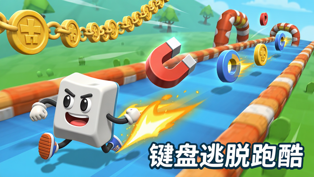 画面主体为键盘按键角色在赛道上飞驰并收集金币和发光道具,布局为角色位于画面左下方向右上方奔跑,排版动感斜线构图,风格为明亮卡通3D,细节包括金币串、加速特效、磁铁道具悬浮、障碍物在后方,画质高清干净无多余元素,图片中打文字“键盘逃脱跑酷”