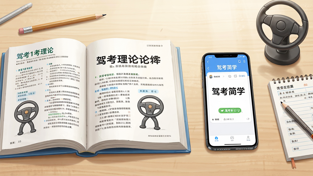画面主体为一本翻开的驾考理论教材与一部智能手机并排摆放,手机屏幕中显示驾考刷题界面与“驾考简学”字样,布局采用左右对称构图,左侧教材右侧手机,背景为浅木色书桌与柔和自然光,风格为清新写实插画,细节包含铅笔、错题本、方向盘小摆件等学车元素,画质清晰细腻,画面干净无多余元素