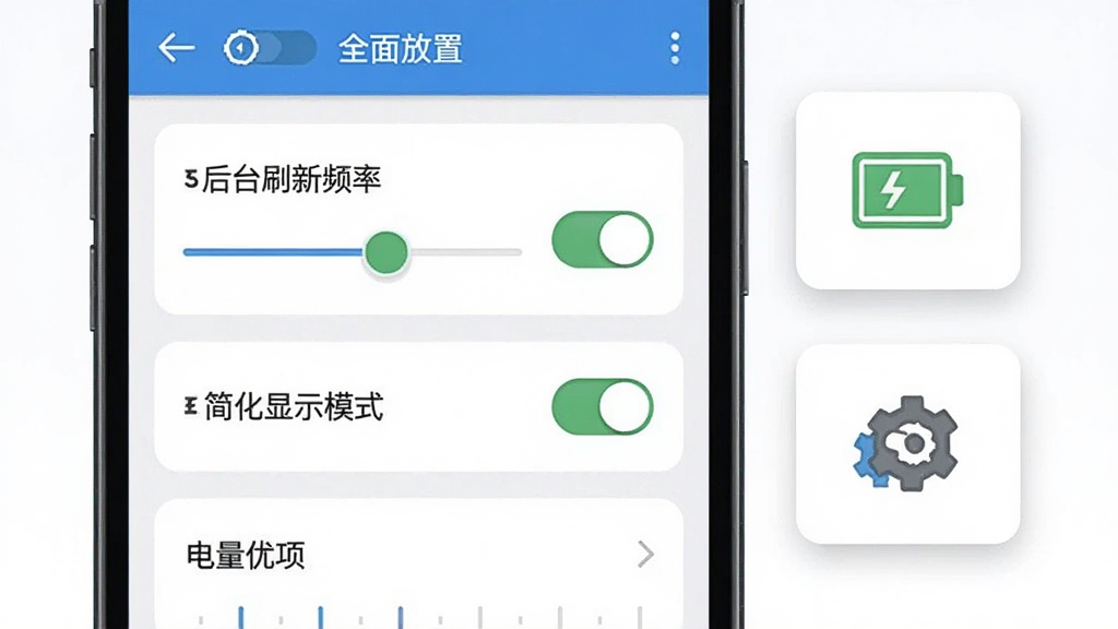 画面展示“全面放置”软件的设置界面局部,主体为一部手机屏幕特写,屏幕上呈现后台刷新频率滑块、简化显示模式开关与电量优化选项,屏幕旁边以悬浮卡片形式展示电量图标与齿轮图标,布局为手机居中偏左、悬浮卡片右侧排列,风格为干净的功能说明类插画,细节上突出开关状态与滑块刻度,画质清晰,无多余装饰