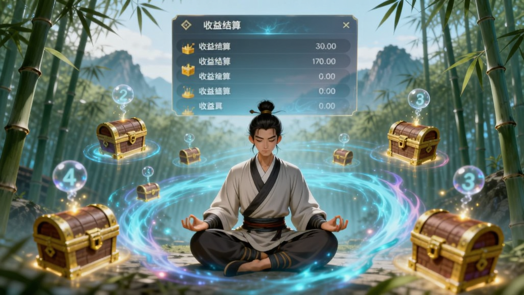画面主体为一名盘膝而坐的修行者,身旁环绕着打坐产生的灵气漩涡与漂浮的收益宝箱;布局上人物位于画面中央偏下,上方是半透明的收益结算面板;排版为横版宽幅构图;风格为清新仙侠插画;细节包括宝箱散发微光、灵气凝成数字气泡、背景为静谧竹林与远山;画质明亮干净,元素排布疏朗无堆叠。