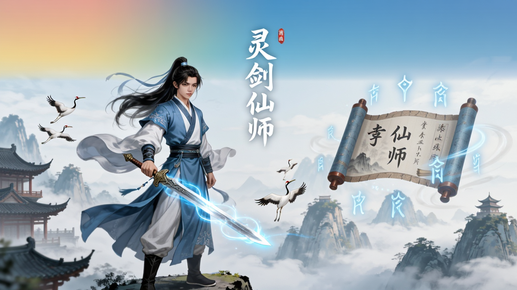 画面主体为一位身着青白长袍的年轻剑修,手持一柄泛着灵光的古剑,立于云雾缭绕的群山之巅;布局上人物居中偏左,右侧留白处浮现半透明的仙侠卷轴与符文光效;排版采用竖版手机海报构图,上方留出天空渐变区域;风格为东方仙侠国风插画,水墨与数字绘画结合;细节包括衣袂飘动、剑身流光、远处飞檐楼阁与仙鹤点缀,画面中悬浮文字“灵剑仙师”;画质高清细腻,色彩干净通透,无多余杂乱元素。