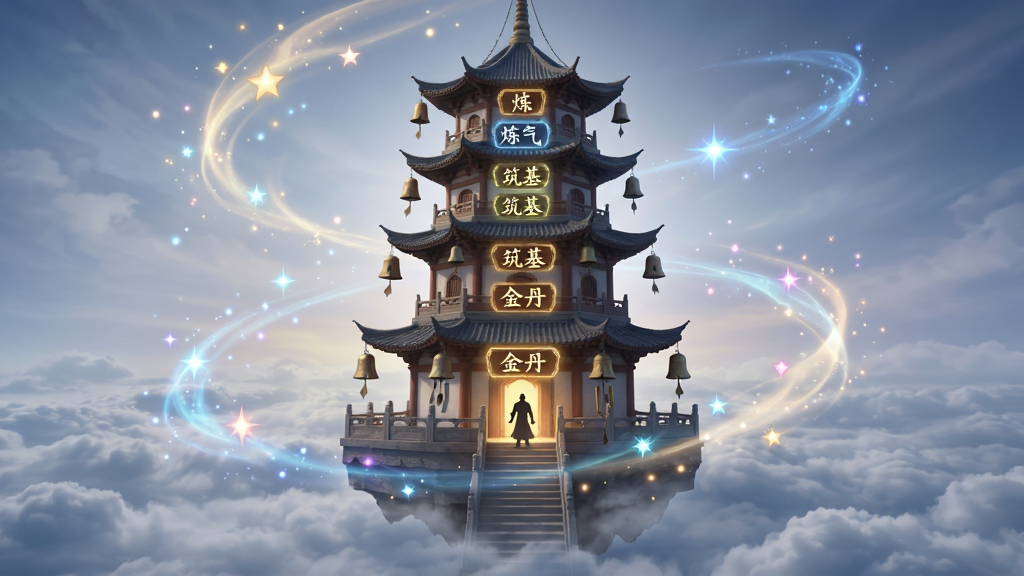 画面主体为一座悬浮于云海之上的修真塔楼,塔身分层显示不同境界名称的发光牌匾;布局上塔楼居中,四周环绕旋转的灵气光带与星辰粒子;排版为方形构图,底部有云层托底;风格为仙侠奇幻数字艺术;细节包括塔檐风铃、阶梯上的修行者剪影、境界文字“炼气”“筑基”“金丹”依次亮起;画质清晰,光影柔和,画面干净无杂乱元素。