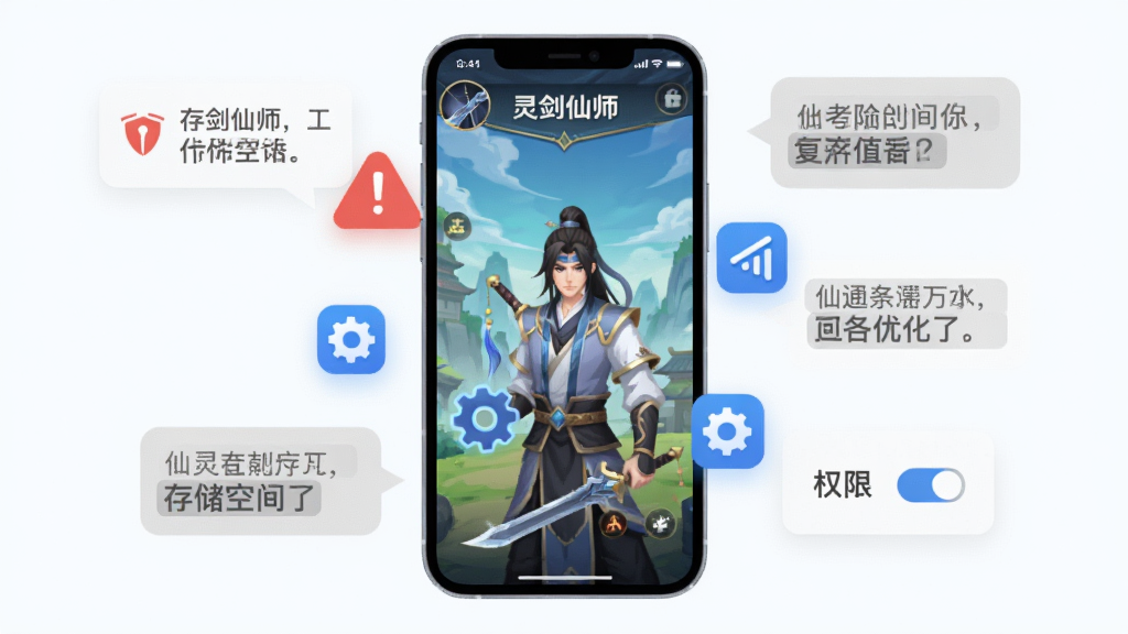 画面主体为一部竖屏手机,屏幕中显示仙侠游戏的新手引导界面,旁边漂浮着存储空间、网络信号与权限开关的图标;布局上手机居中,四周环绕提示气泡;排版为简洁信息图风格;风格为扁平化科技插画;细节包括红色警示三角、蓝色优化齿轮、灰色提示文字框,画面中标注“灵剑仙师”字样;画质清爽,元素排列有序,无多余装饰。