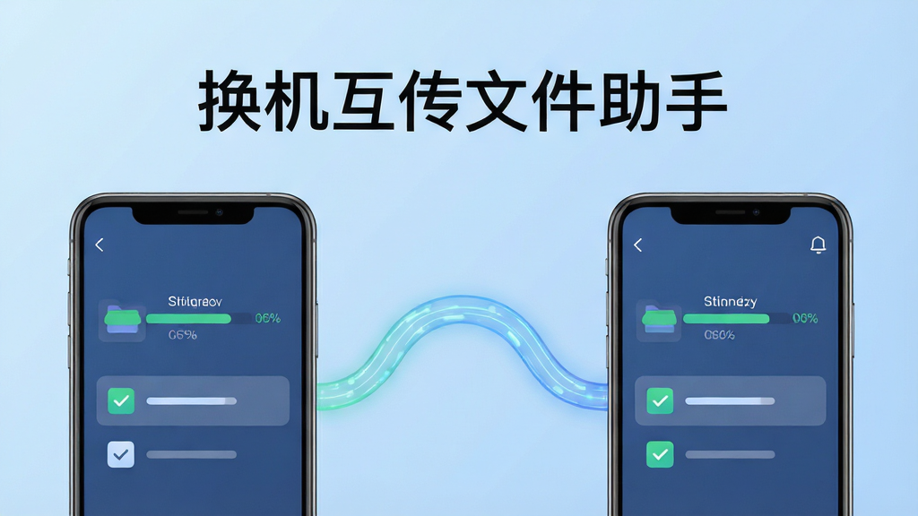 画面主体为两部并排摆放的智能手机,中间用发光的弧形数据流线条连接,布局采用左右对称构图,上方留白处用干净的无衬线字体写着“换机互传文件助手”,排版简洁居中,风格为现代科技感扁平插画,细节包括手机屏幕显示文件传输进度条和勾选列表图标,背景为浅蓝渐变纯色,画质清晰锐利,干净无多余元素