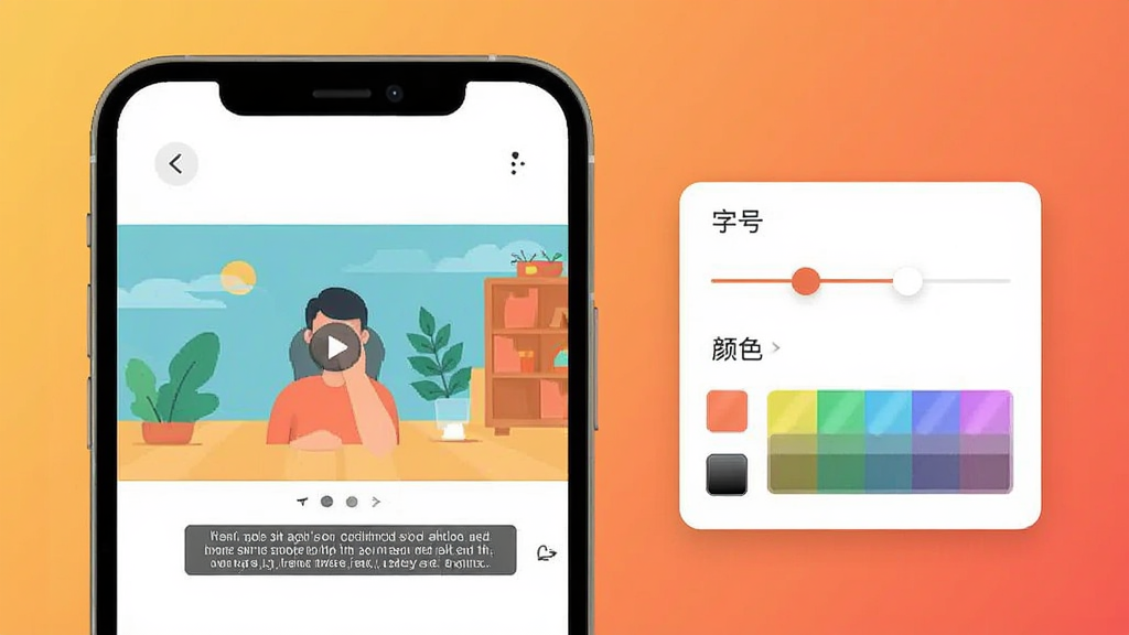手机播放界面中视频画面下方显示清晰字幕文字,画面旁边悬浮字幕设置面板,包含字号滑块与颜色选项,背景为暖色调渐变,扁平化插画风格,主体为手机与设置面板,布局左右分布,细节简洁,画质干净
