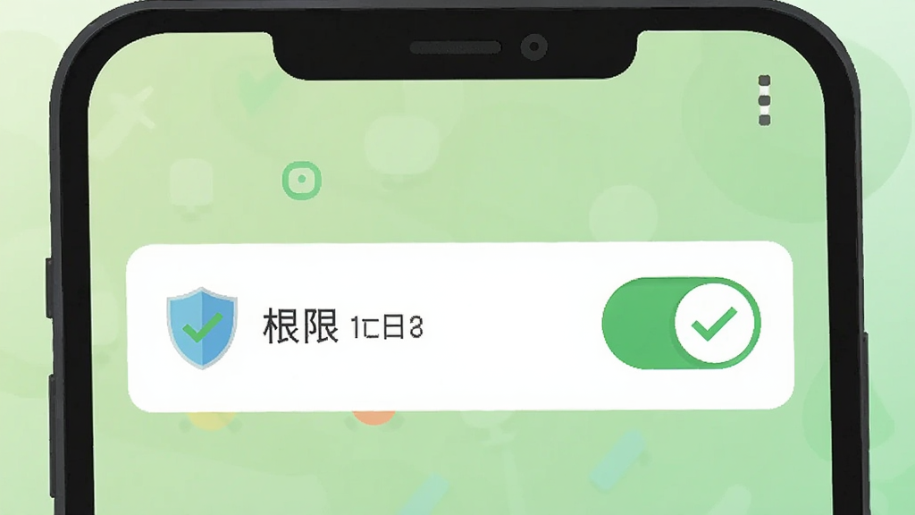 手机屏幕展示应用权限设置页面,存储权限开关处于开启状态,旁边有盾牌图标与勾选标记,背景为浅绿色渐变,扁平化插画风格,主体为手机与权限开关,布局简洁,细节干净,画质清晰