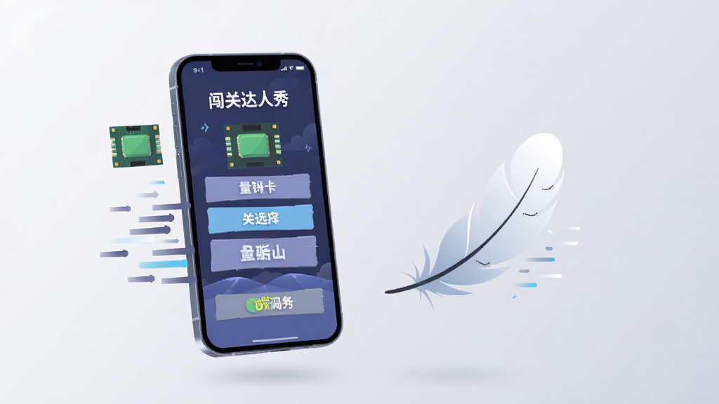 画面展示一部手机与一个轻巧的羽毛并排悬浮,手机屏幕显示闯关达人秀的关卡选择界面,羽毛象征轻量运行,背景为柔和的浅灰色渐变,布局采用左右对比构图,风格为简约现代插画,细节上加入内存条图标与速度线条,画质清晰,画面干净,画面中标注文字“闯关达人秀”