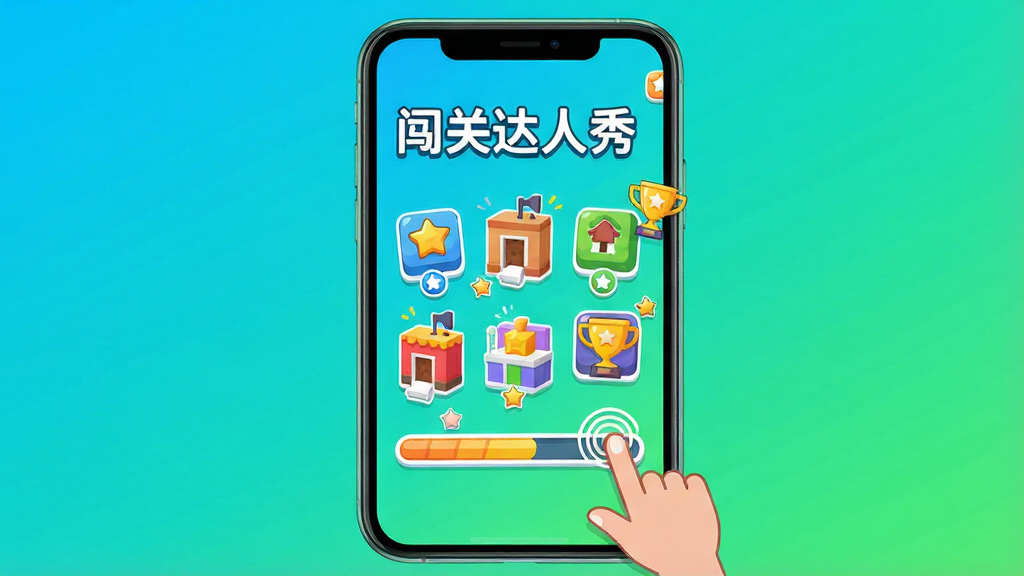 画面中央展示一部智能手机,屏幕内呈现闯关达人秀的游戏主界面,包含多个彩色关卡图标与进度条,背景为明亮的渐变蓝绿色调,布局采用居中对称构图,风格为扁平化卡通插画,细节上加入星星、奖杯与手势点击元素,画质清晰锐利,干净无多余元素,画面中标注文字“闯关达人秀”