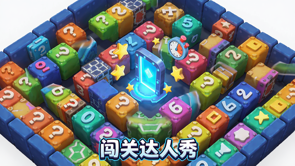 画面展示一个由多个彩色方块组成的立体迷宫结构,每个方块上带有问号、数字和图案符号,迷宫中央有一道发光的门,周围漂浮着星星与计时器图标,布局采用俯视视角,风格为科技感卡通渲染,细节突出关卡多样性与挑战氛围,画质高清,背景干净,画面中标注文字“闯关达人秀”