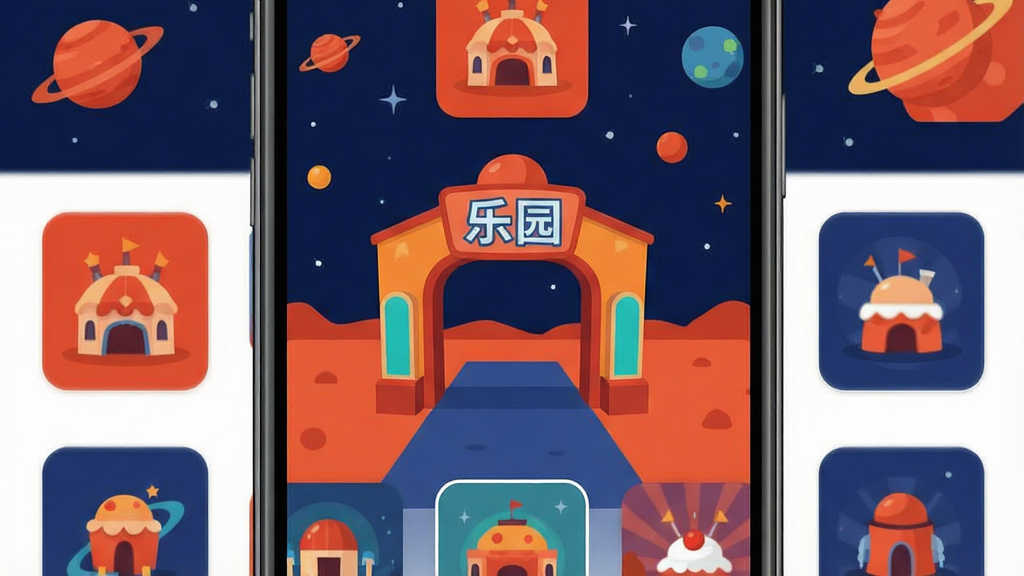 一张展示火星派软件主界面的手机屏幕效果图,画面中央是色彩鲜艳的虚拟乐园入口,周围环绕着多个主题派对房间图标,界面风格活泼明快,采用扁平化设计,整体色调以橙红与深蓝为主,背景带有星空与星球元素,画质清晰干净,无多余装饰元素