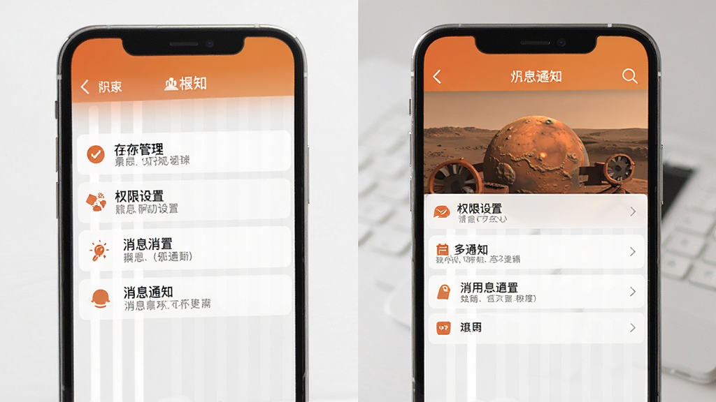 一张手机屏幕展示火星派设置界面的效果图,画面中包含存储管理、权限设置、消息通知等选项列表,界面风格简洁,色调以白色与浅灰为主,带有橙色点缀,布局清晰,画质干净