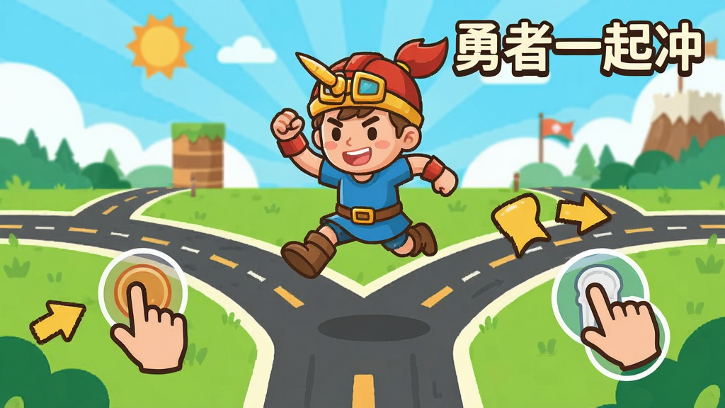 卡通勇者角色在分叉跑道前做出跳跃动作,画面用箭头与手势图标示意点击和滑动操作,背景为明亮关卡场景,风格活泼扁平,构图突出角色与操作手势,细节清晰,画质干净,画面中可出现文字“勇者一起冲”