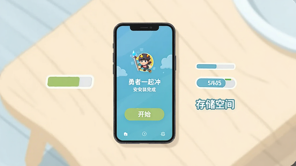 一部手机平放在浅色桌面上,屏幕显示游戏安装完成界面与开始按钮,旁边放置简约的进度条图标与存储空间示意图形,整体采用清新浅色扁平风格,构图居中,细节简洁,画质干净,画面中可出现文字“勇者一起冲”