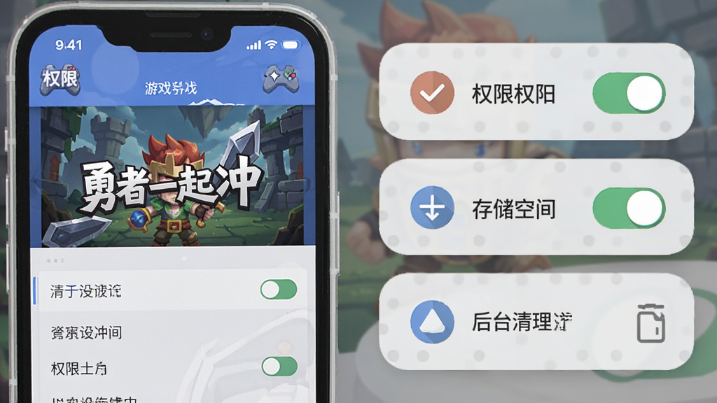 一部手机屏幕显示游戏设置界面,旁边以图标形式呈现权限开关、存储空间与后台清理示意,整体采用浅灰质感扁平风格,构图简洁,细节清晰,画质干净,画面中可出现文字“勇者一起冲”