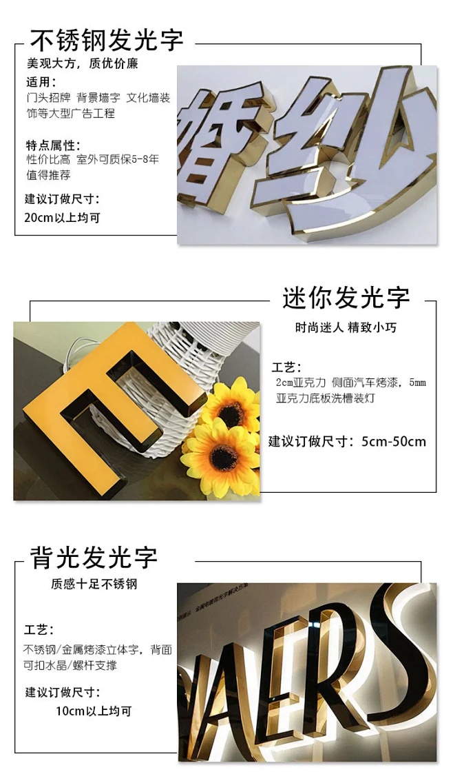 微壳字牌材质细节特写 亚克力不锈钢壳体对比