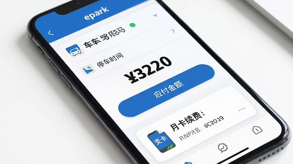 ��������Ϊ�ֻ���Ļ��д��������ʾepark�Ľɷ�ҳ�棬�������ƺ��롢ͣ��ʱ����Ӧ�������֧����ť��ҳ���·����¿�������ڿ�Ƭ�����ֲ����ֻ�б���ӽǣ�����Ϊ�ɾ��İ�ɫ���档���Ϊ��ˬ����磬ϸ���Ͻ�����ּӴ���ʾ����ťΪԲ�Ǿ��Σ����ʸ��壬������������Ԫ�ء�