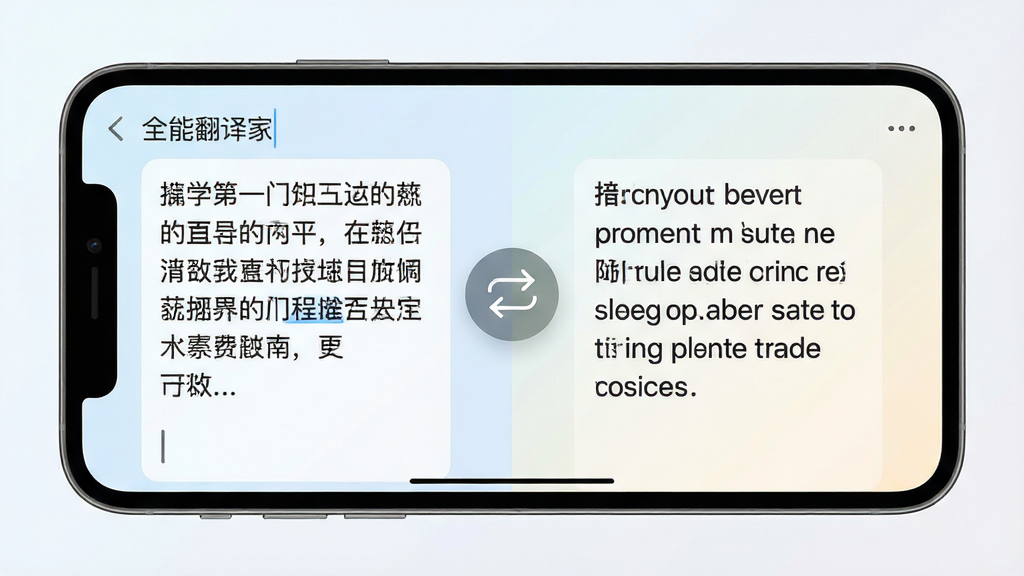 手机屏幕展示全能翻译家文本翻译界面,左侧输入中文段落,右侧同步显示英文译文,界面中央有语言互换箭头图标,背景为浅色渐变,风格清爽简约,细节清晰,画质干净