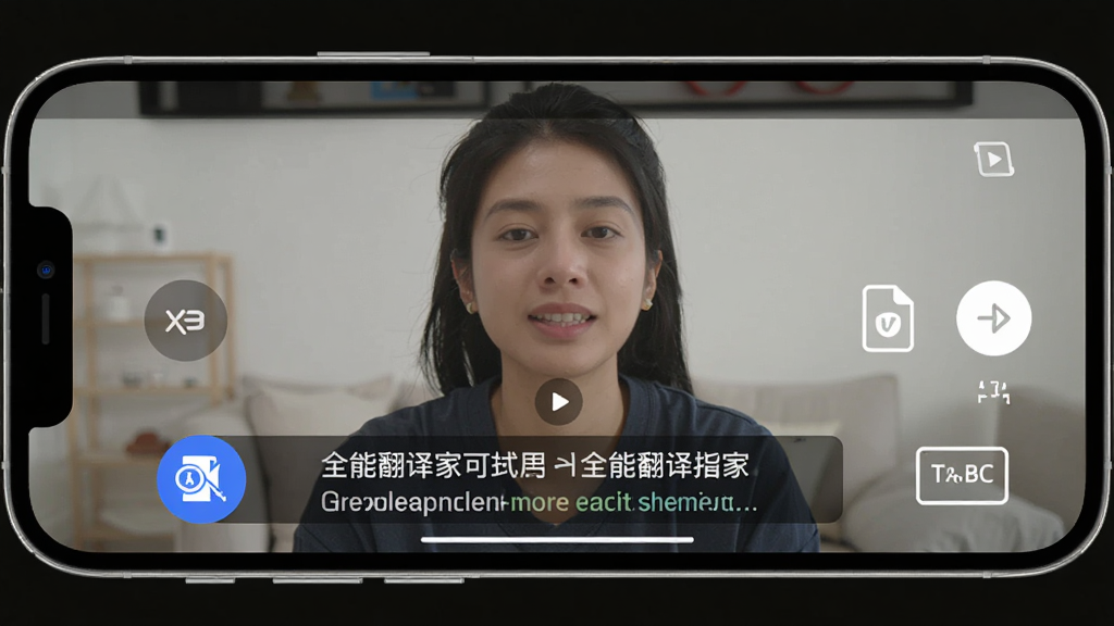 手机横屏播放一段外语视频,屏幕下方显示全能翻译家生成的中外双语字幕条,画面旁边有翻译图标与字幕文件标识,整体风格现代简洁,布局突出视频画面与字幕区域,画质清晰,干净无多余元素