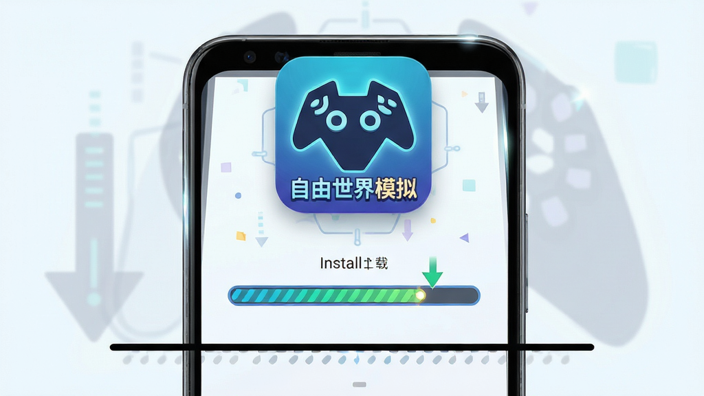 画面主体为“自由世界模拟”游戏图标与安卓手机组合展示,手机屏幕显示安装进度条;布局为手机居中、图标悬浮于屏幕上方;排版上简洁明了突出下载安装主题;风格为科技感扁平风搭配浅色背景;细节包括进度条动画效果、手机边框高光;画质清晰干净,无多余文字与装饰