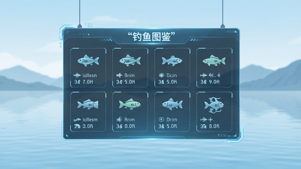 画面主体为一块悬浮的虚拟资料面板,面板上整齐排列多种鱼类的图标与简介文字,面板标题用引号写“钓鱼图鉴”,背景为淡蓝色水面与远处山影,布局上资料面板居中,风格简洁科技感,细节清晰,画质干净,无多余元素