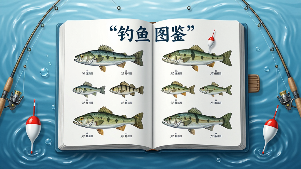 画面中央是一本打开的电子图鉴书,书页上展示多种鱼类插画与名称信息,书名位置用引号写“钓鱼图鉴”,周围环绕水波、鱼竿、浮漂等元素,整体布局左右对称,风格清新写实,细节丰富,画质清晰干净,无多余装饰元素