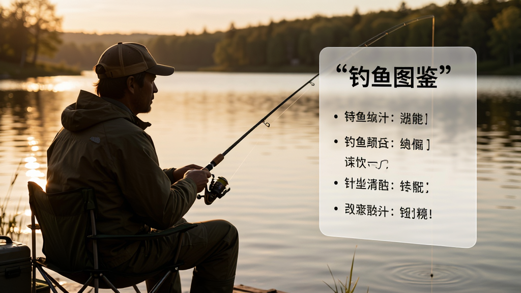 画面为一位钓鱼者坐在湖边垂钓的侧影,旁边漂浮着半透明的信息卡片,卡片上用引号写“钓鱼图鉴”并列出几条钓鱼小贴士,整体布局人物在左、信息卡在右,风格温暖写实,细节自然,画质清晰干净