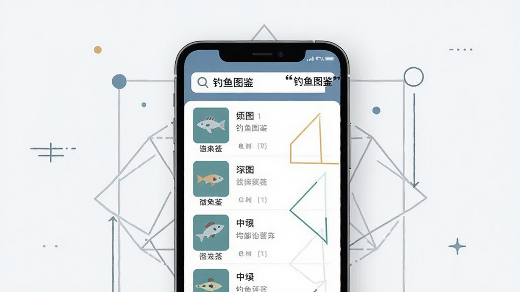 画面展示一部手机屏幕特写,屏幕上显示分类清晰的图鉴列表界面,顶部搜索框旁用引号标注“钓鱼图鉴”,手机周围有简洁的几何装饰线条,布局手机居中,风格现代扁平化,细节干净,画质清晰无杂乱